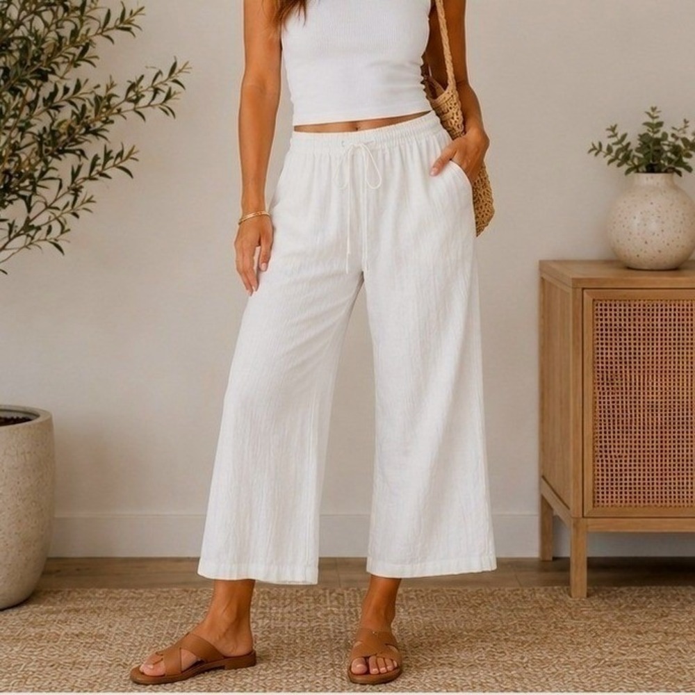 Showpo White Linen Blend Wide Leg Crop Pants Elastic Waist Drawstring Womens 12